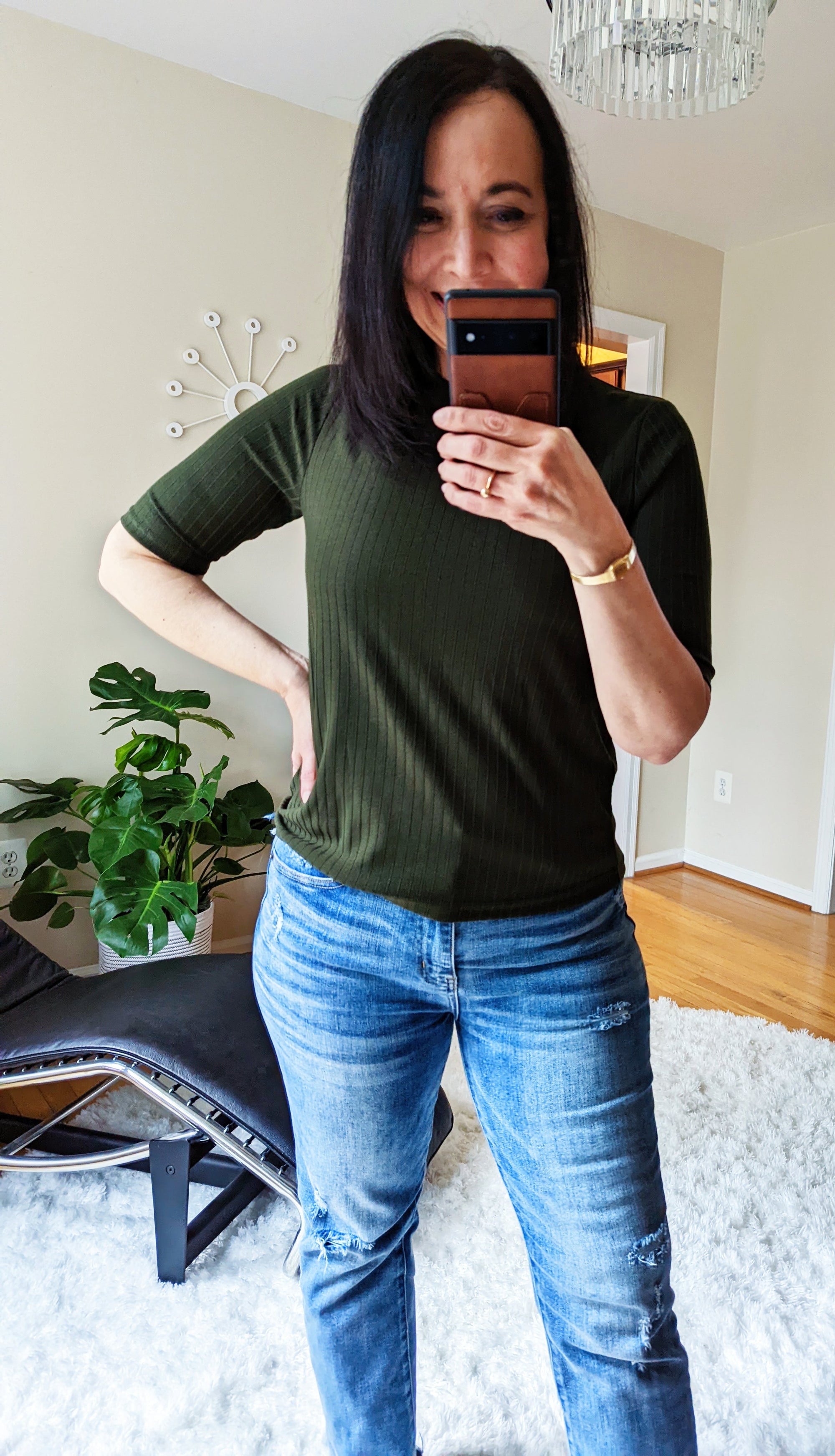 Ribbed Retro Style Half Sleeve Olive Top