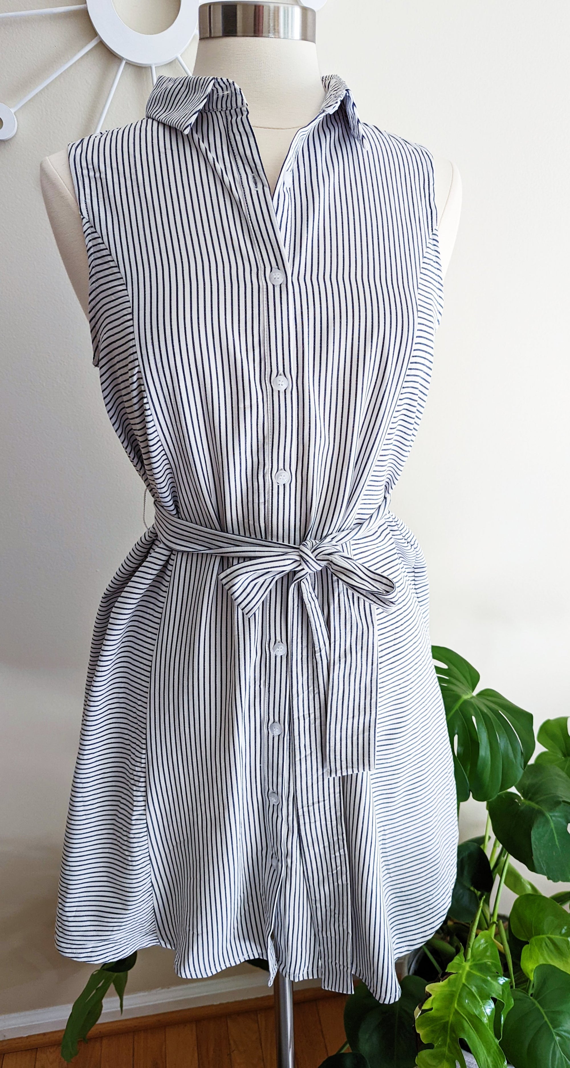 Sleeveless Pinstripe Shirt Dress
