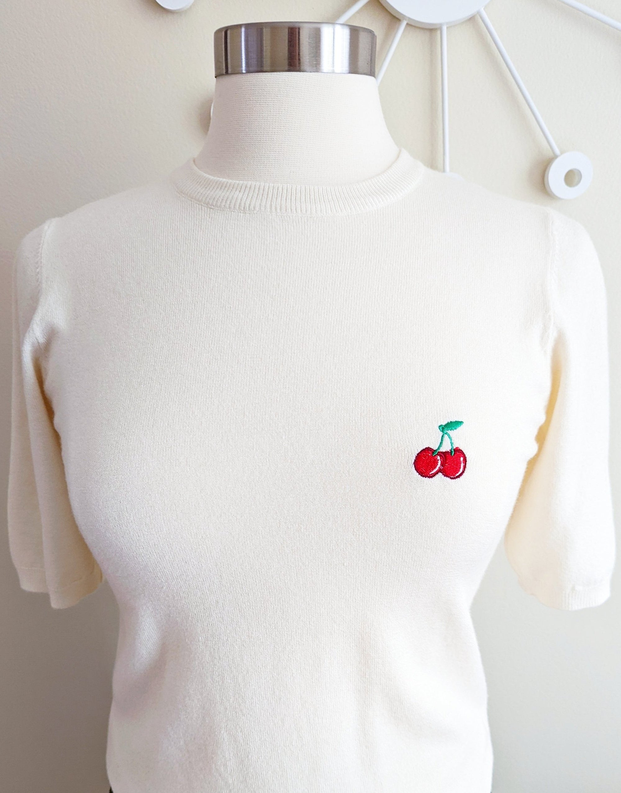 Soft Short Sleeve Ivory Sweater with Cherry Detail