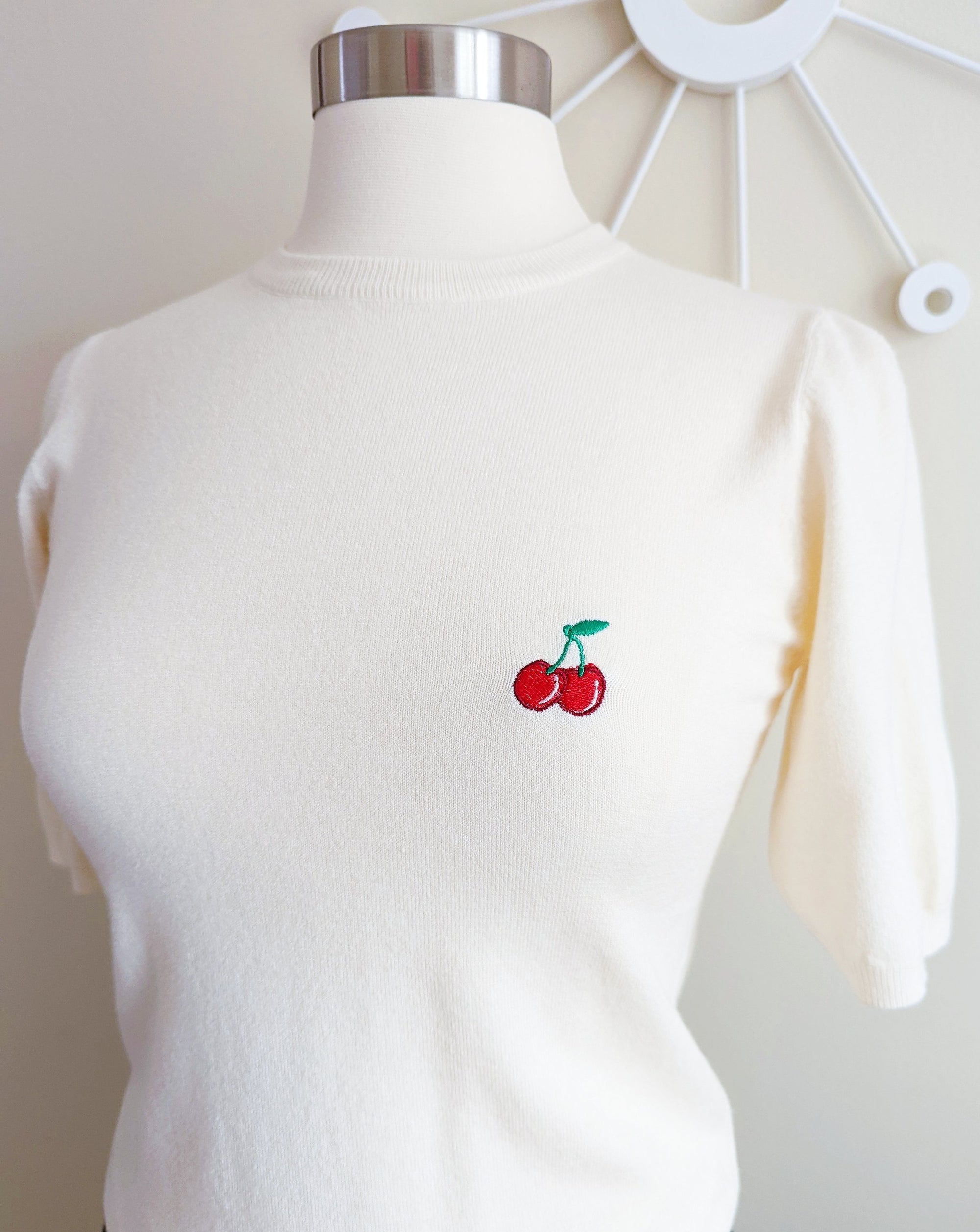 Soft Short Sleeve Ivory Sweater with Cherry Detail