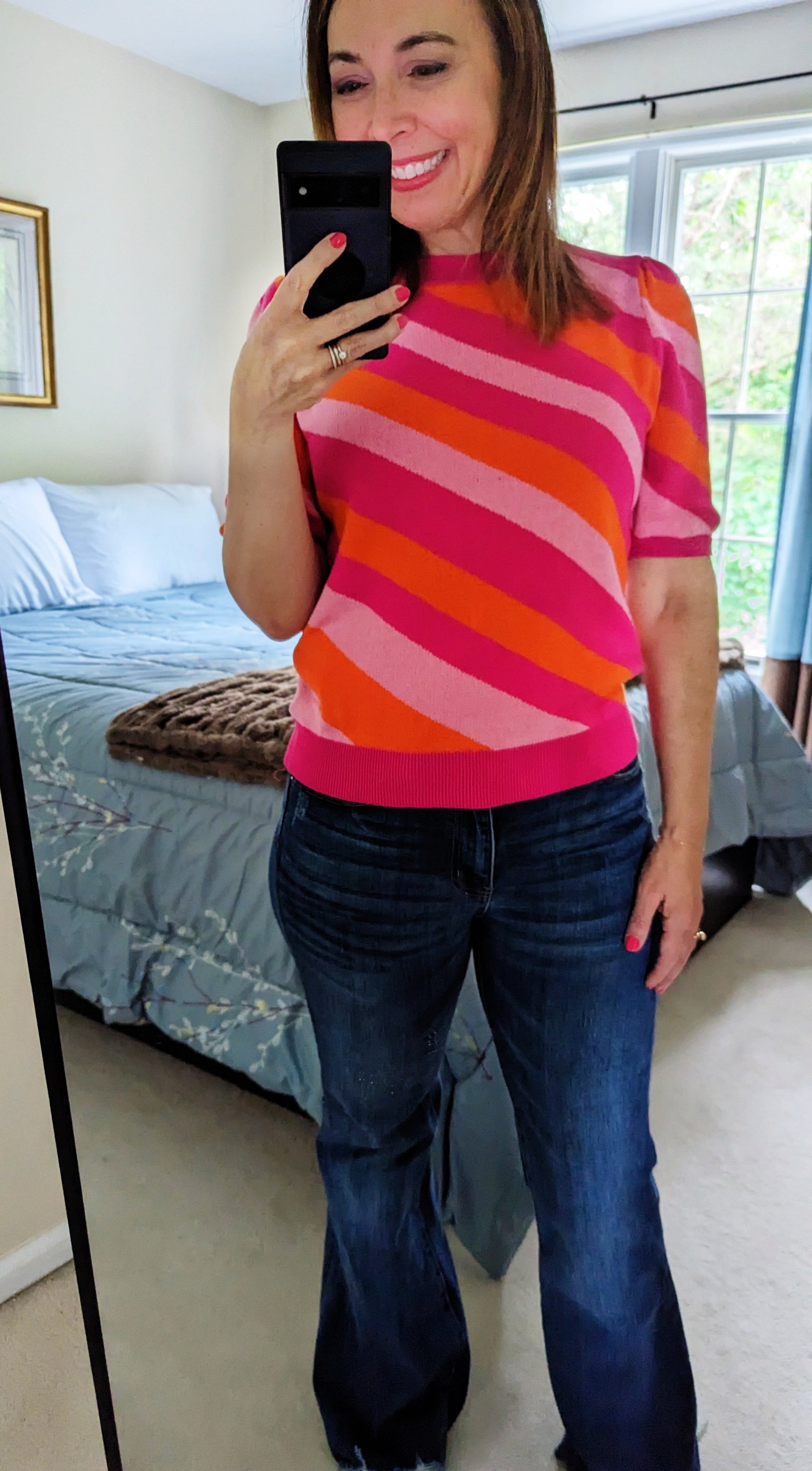 Cheerful Striped Short Sleeve Sweater