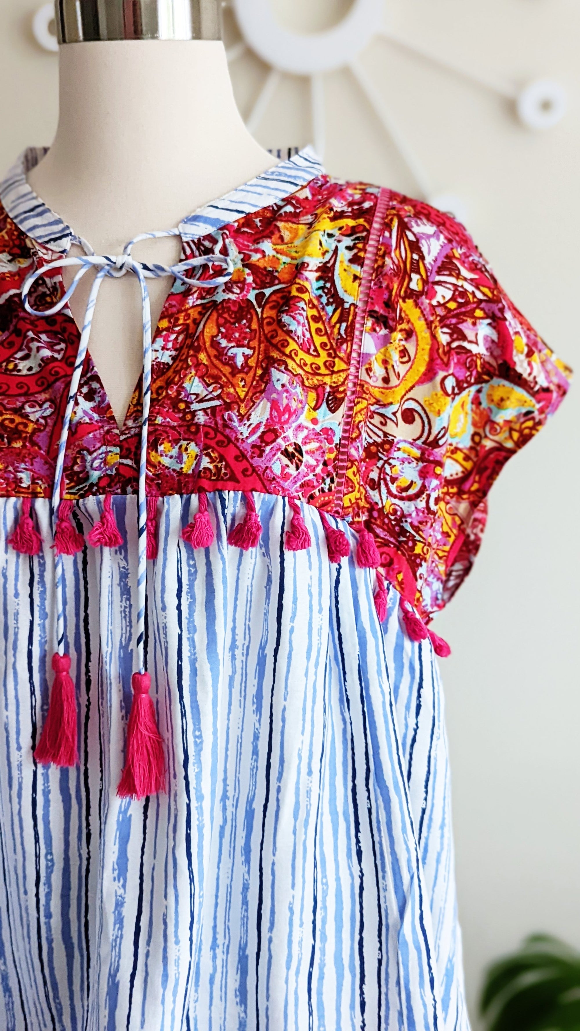 Mixed Print Babydoll Blouse with Tassels