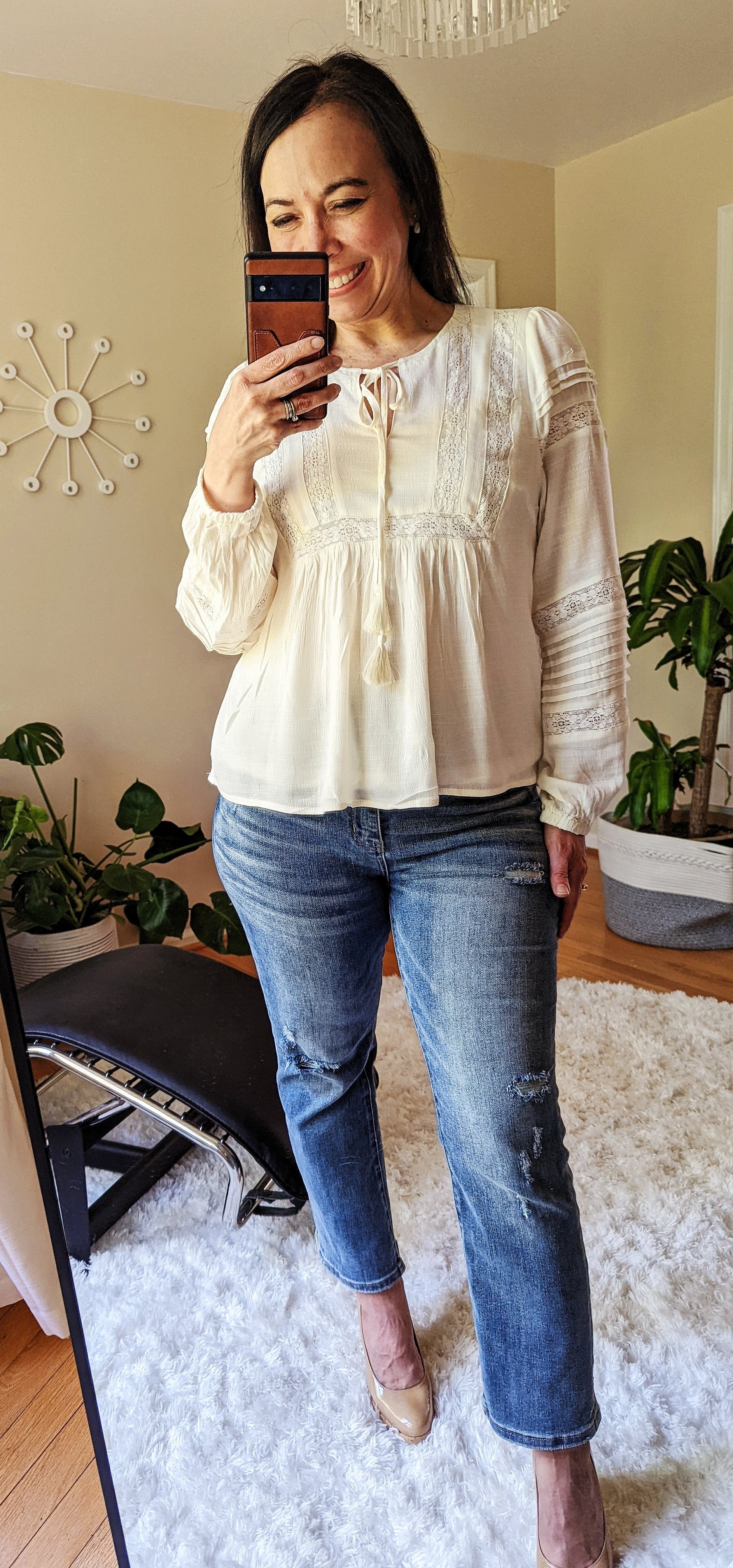 Ivory Peasant Blouse with Lace