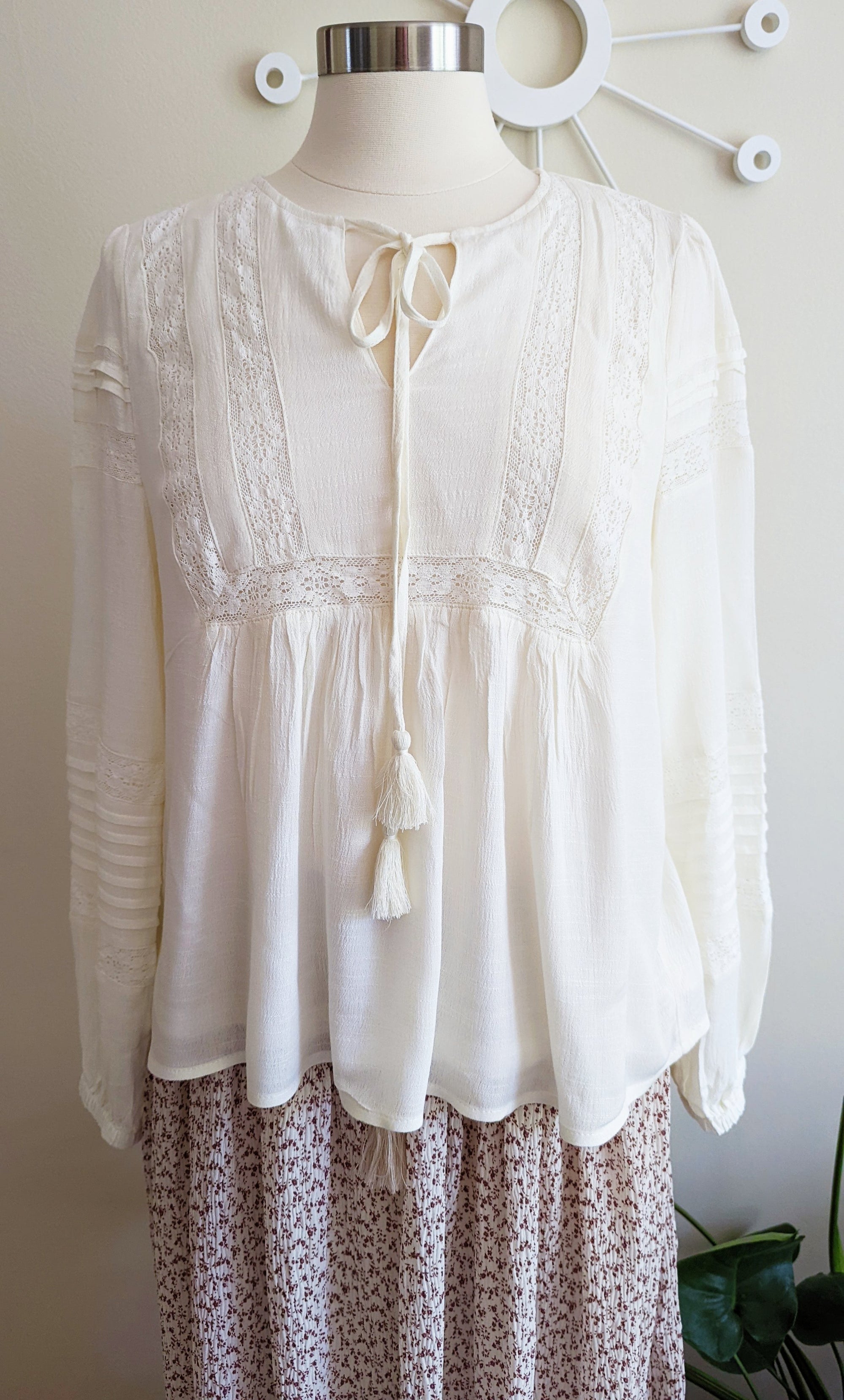 Ivory Peasant Blouse with Lace