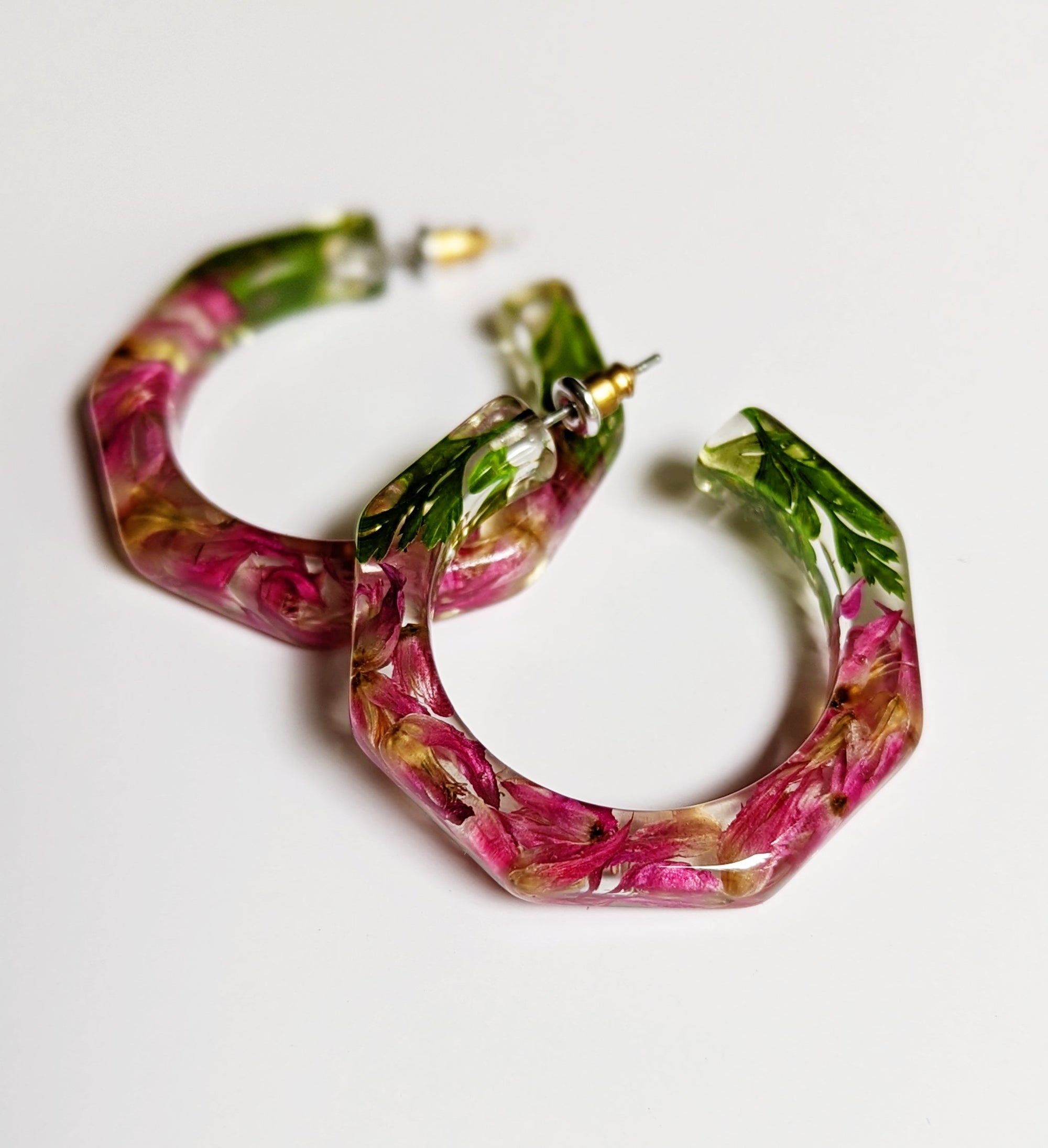 Pink Pressed Flower Resin Octagon Earrings
