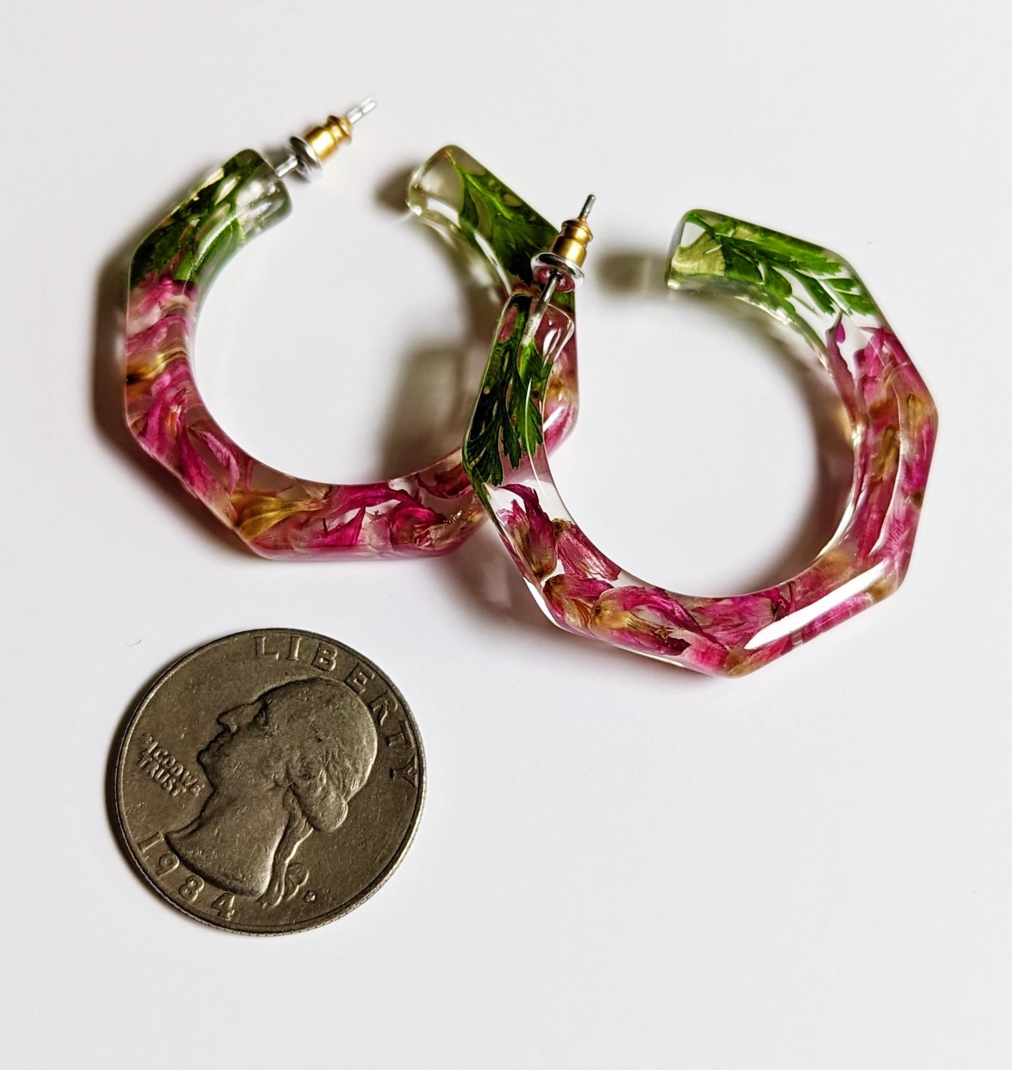 Pink Pressed Flower Resin Octagon Earrings