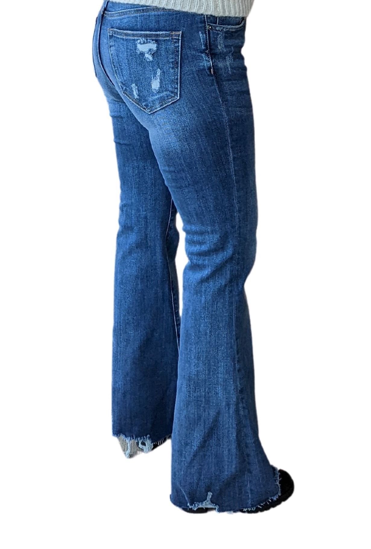 Risen Mid Rise Raw Hem Flare Jeans