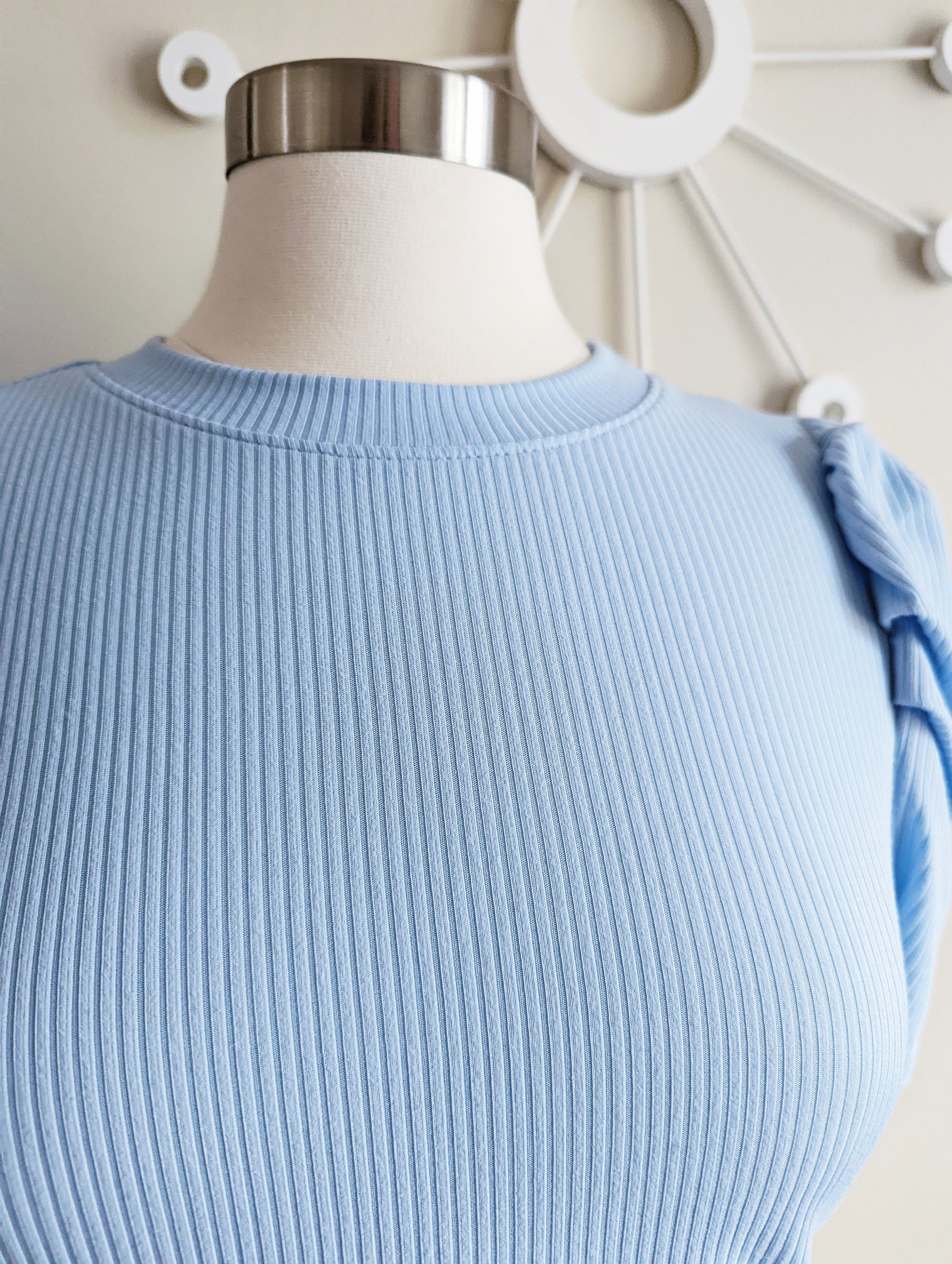 Baby Blue Ribbed Puff Sleeves Top