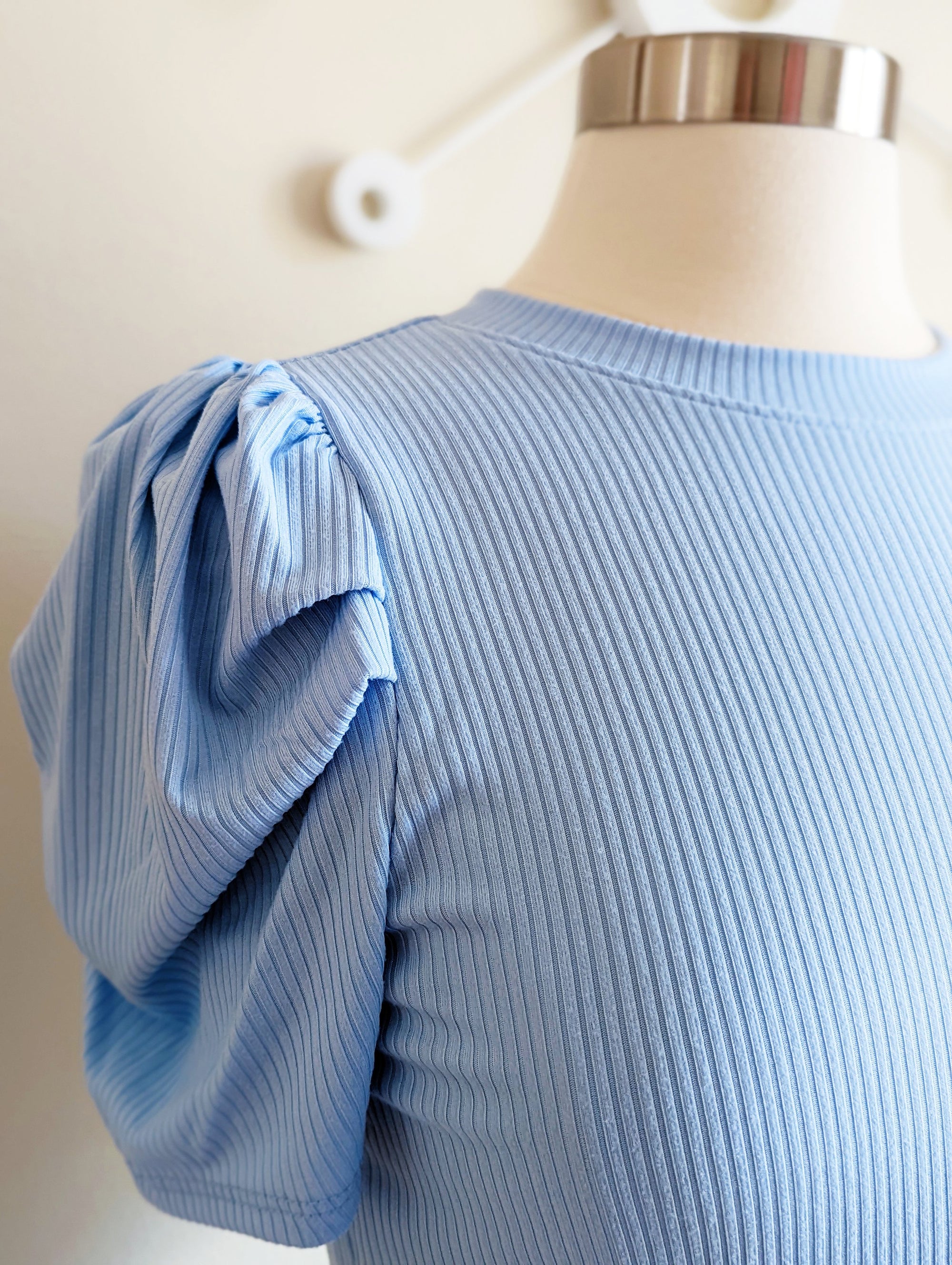 Baby Blue Ribbed Puff Sleeves Top