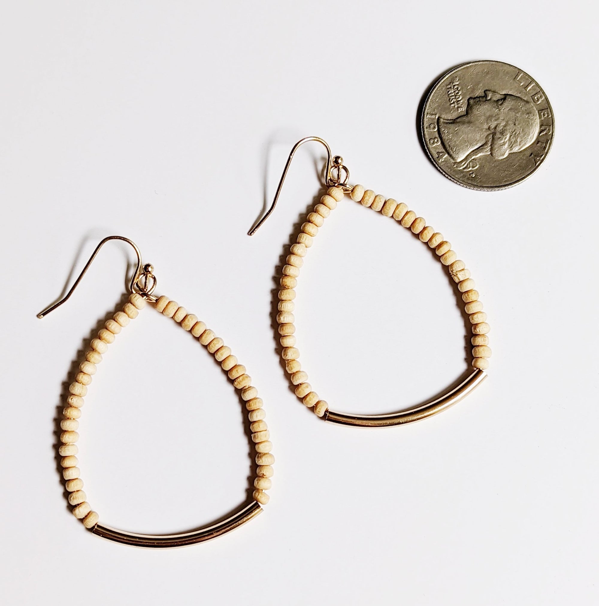 Wooden Bead and Metal Dangle Earrings