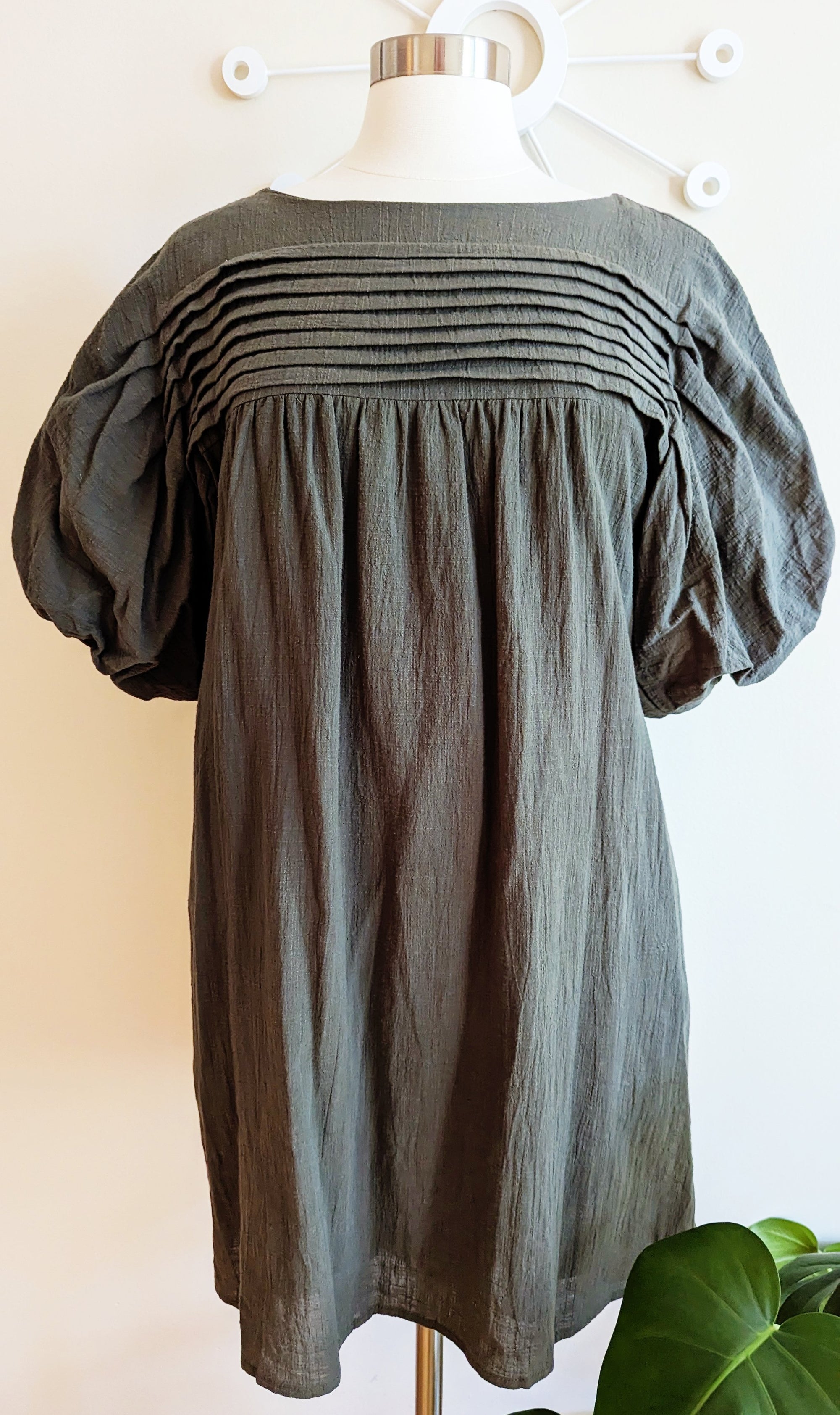 Olive Cotton Dress with Puff Sleeves