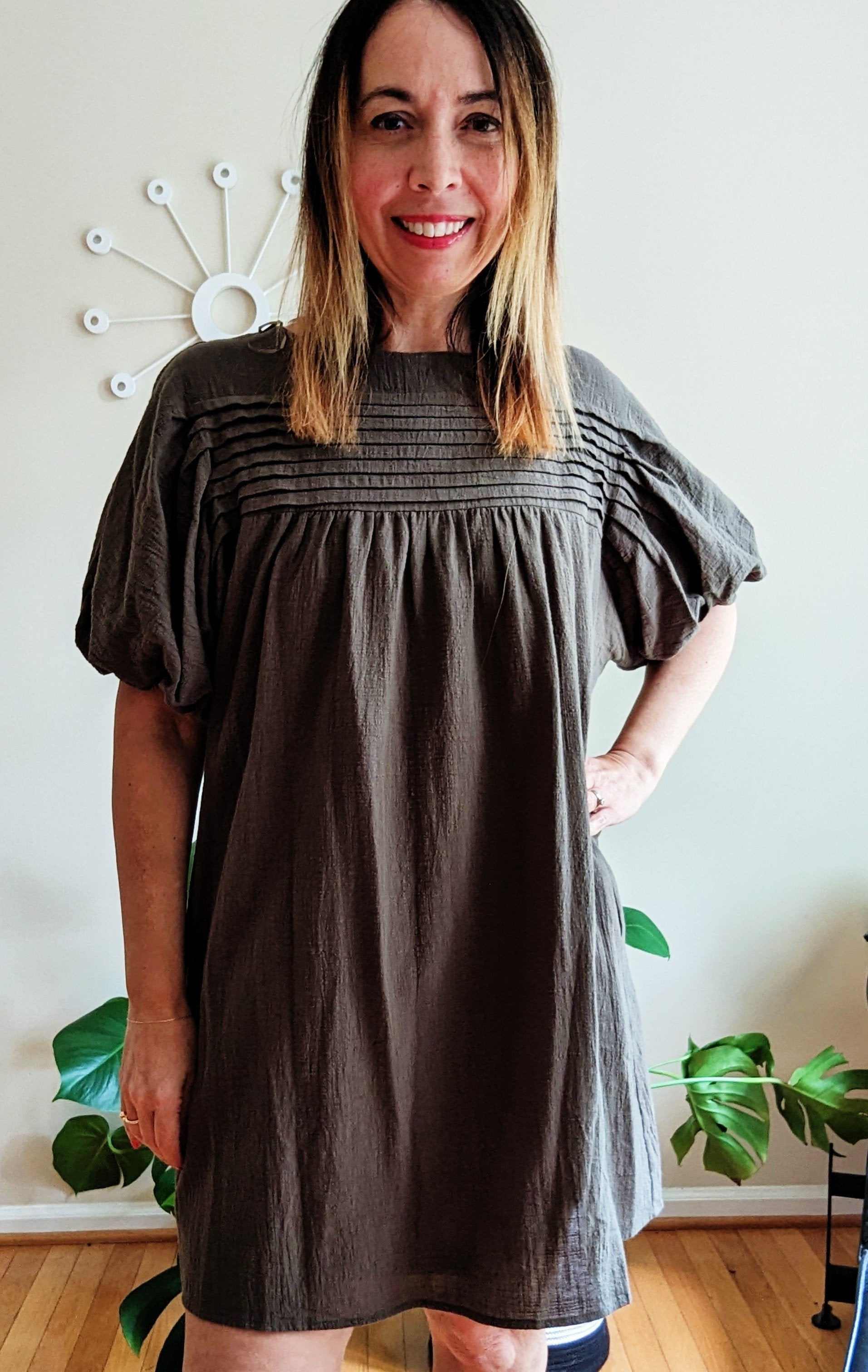 Olive Cotton Dress with Puff Sleeves