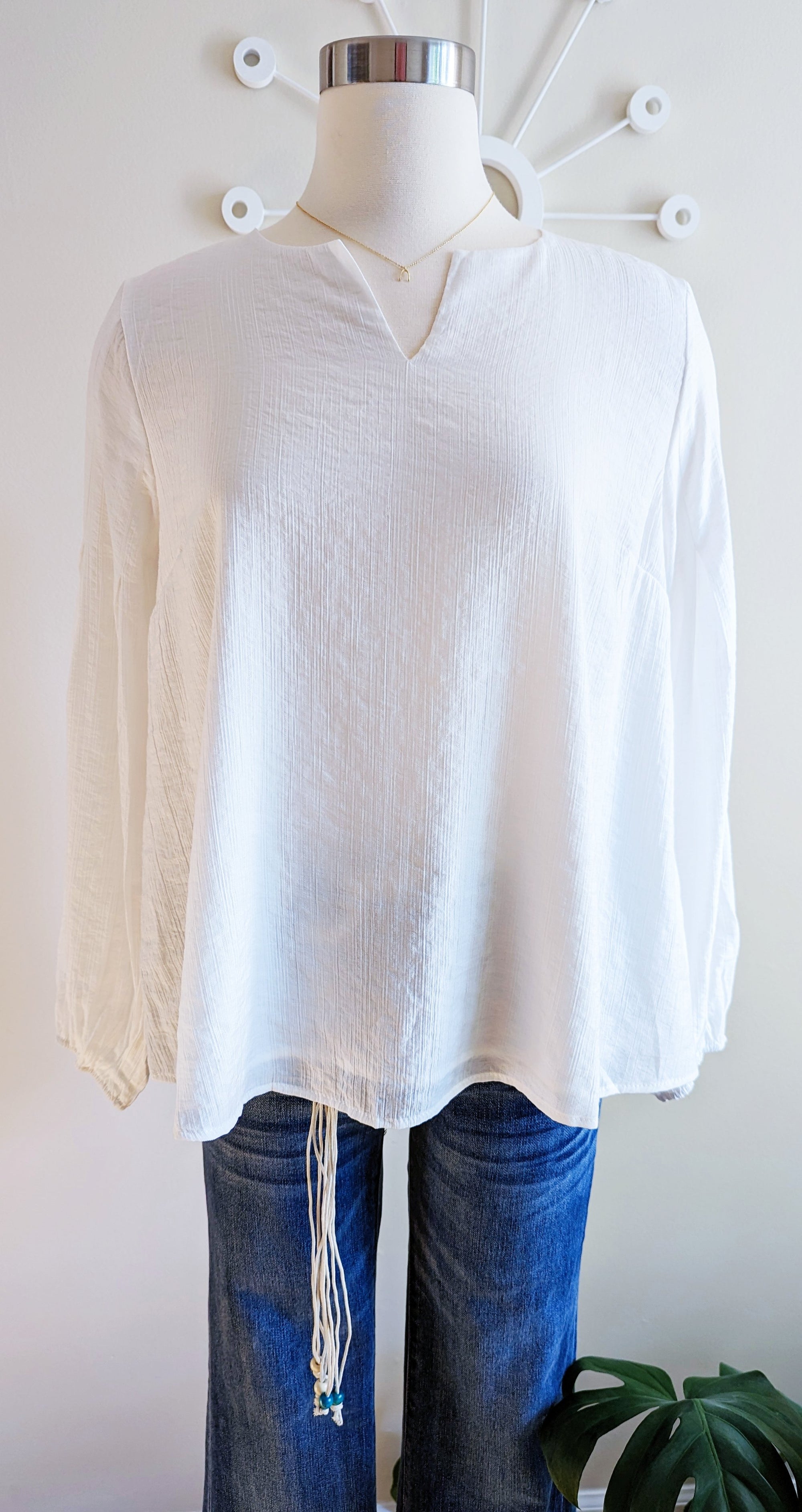 Textured White Top with Pleated Sleeves